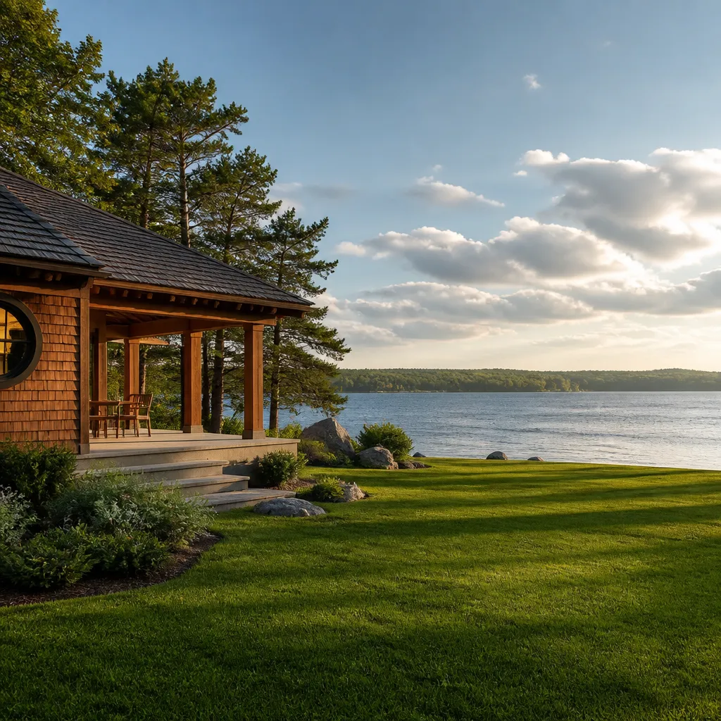 Naturbelassenes Ufer und Holzbau-Pavillon am Strandbad Wallhausen im goldenen Nachmittagslicht