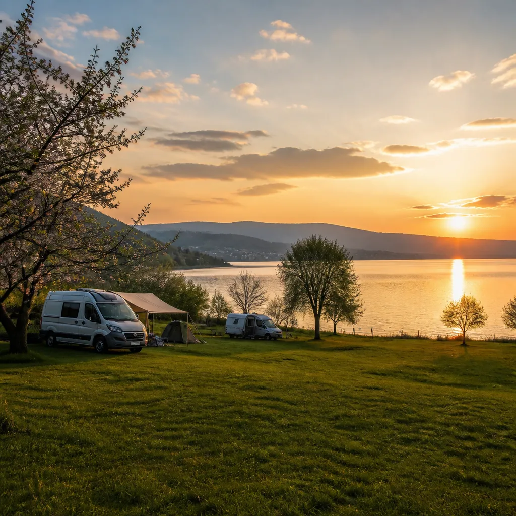 Ruhiger Campingplatz Böhringen am Bodensee mit Wohnmobilen im warmen Abendlicht
