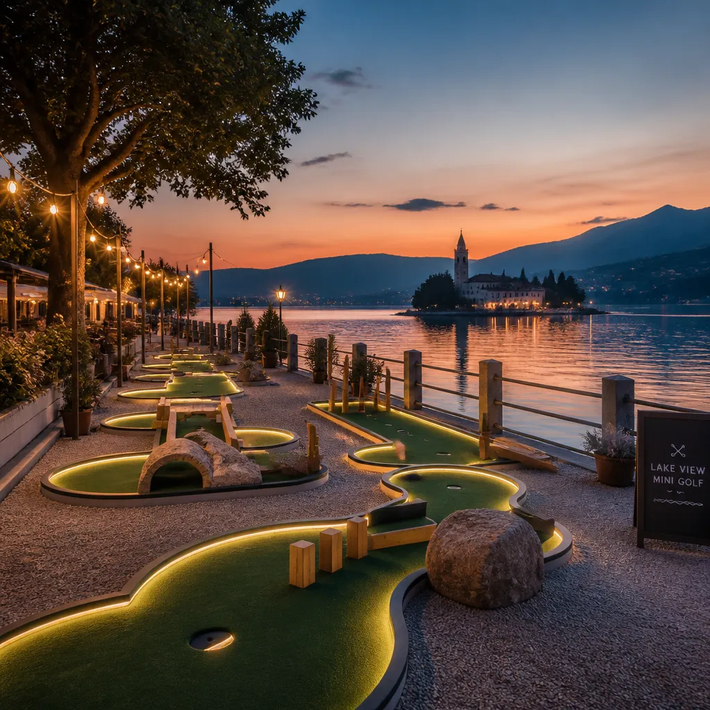 Minigolf Wasserburg am Bodensee: beleuchtete Bahnen direkt am Seeufer bei Abenddämmerung
