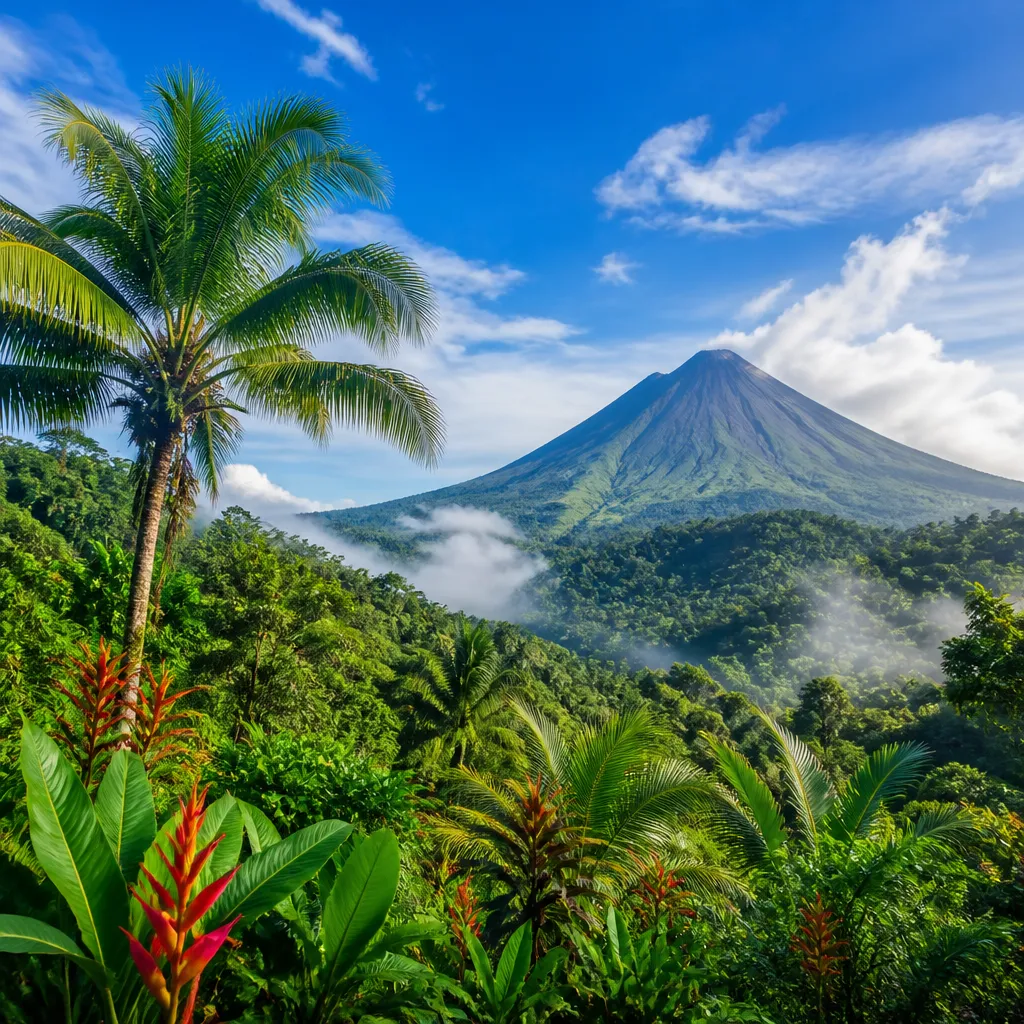 Tropische Landschaft in Costa Rica mit Vulkan und Regenwald unter sonnigem Himmel