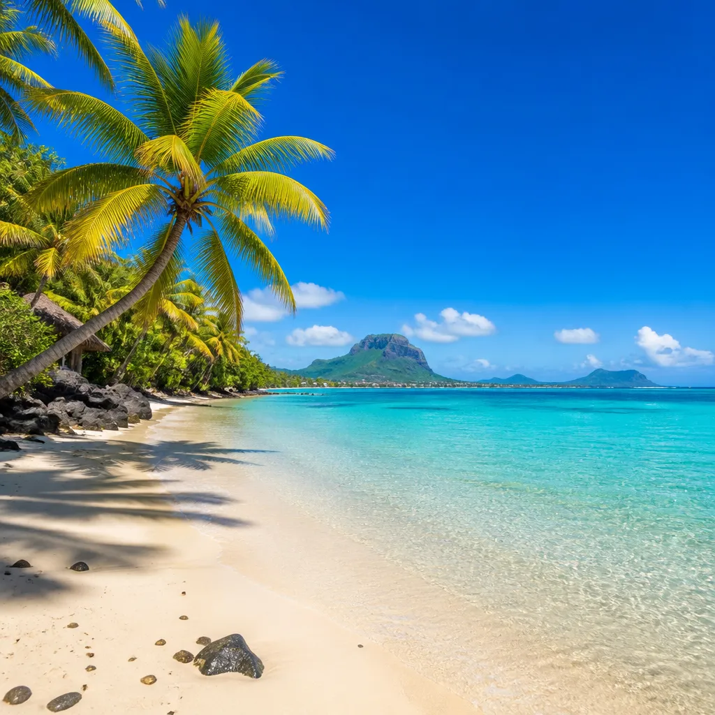 Türkisfarbenes Meer und Palmen am Strand von Mauritius während der trockenen Reisezeit