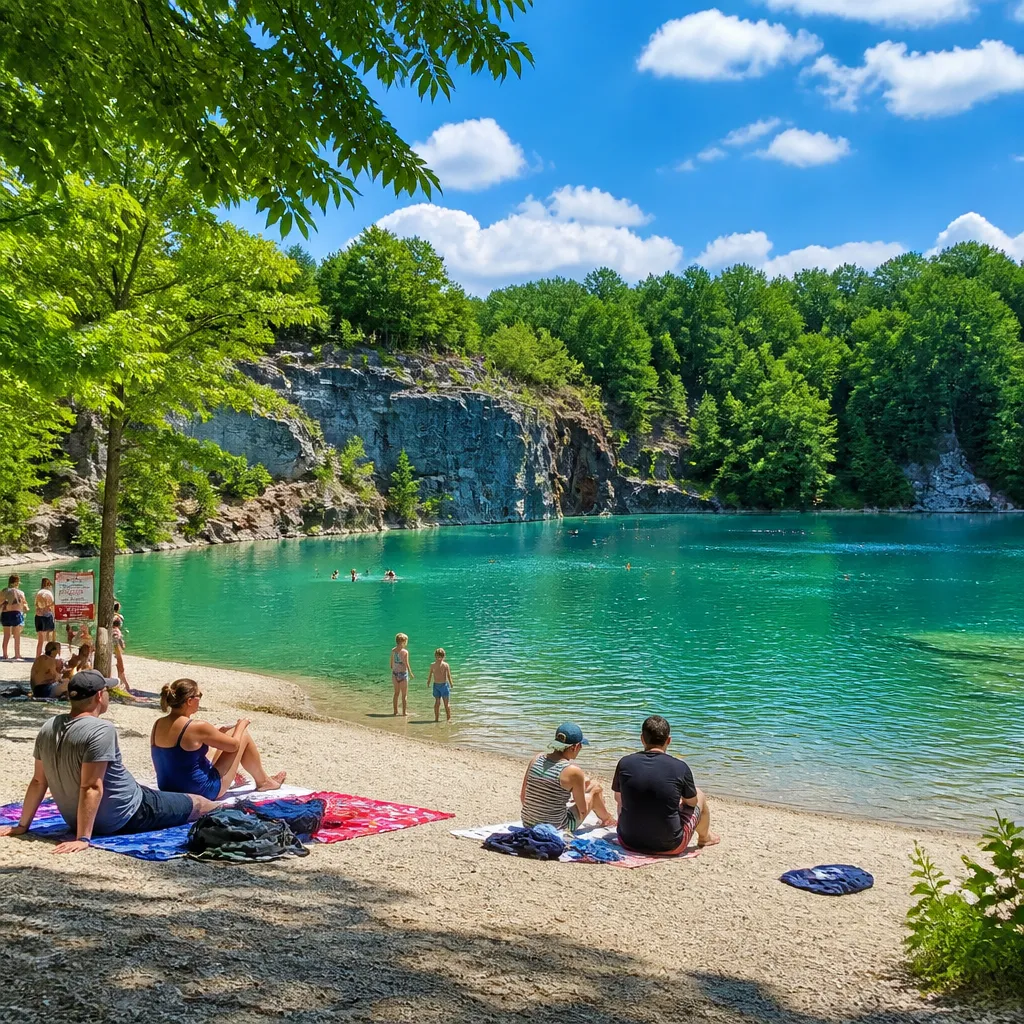 Baggersee mit klarem türkisfarbenem Wasser und Besuchern am sandigen Ufer im Sommer