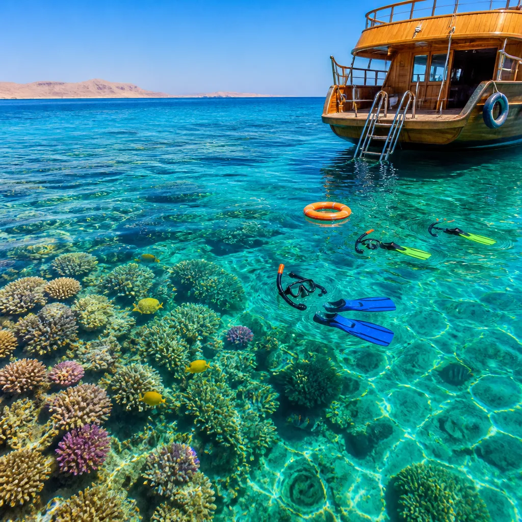 Klares türkisfarbenes Wasser mit Korallenriff beim Schnorcheln im Roten Meer vor Ägypten