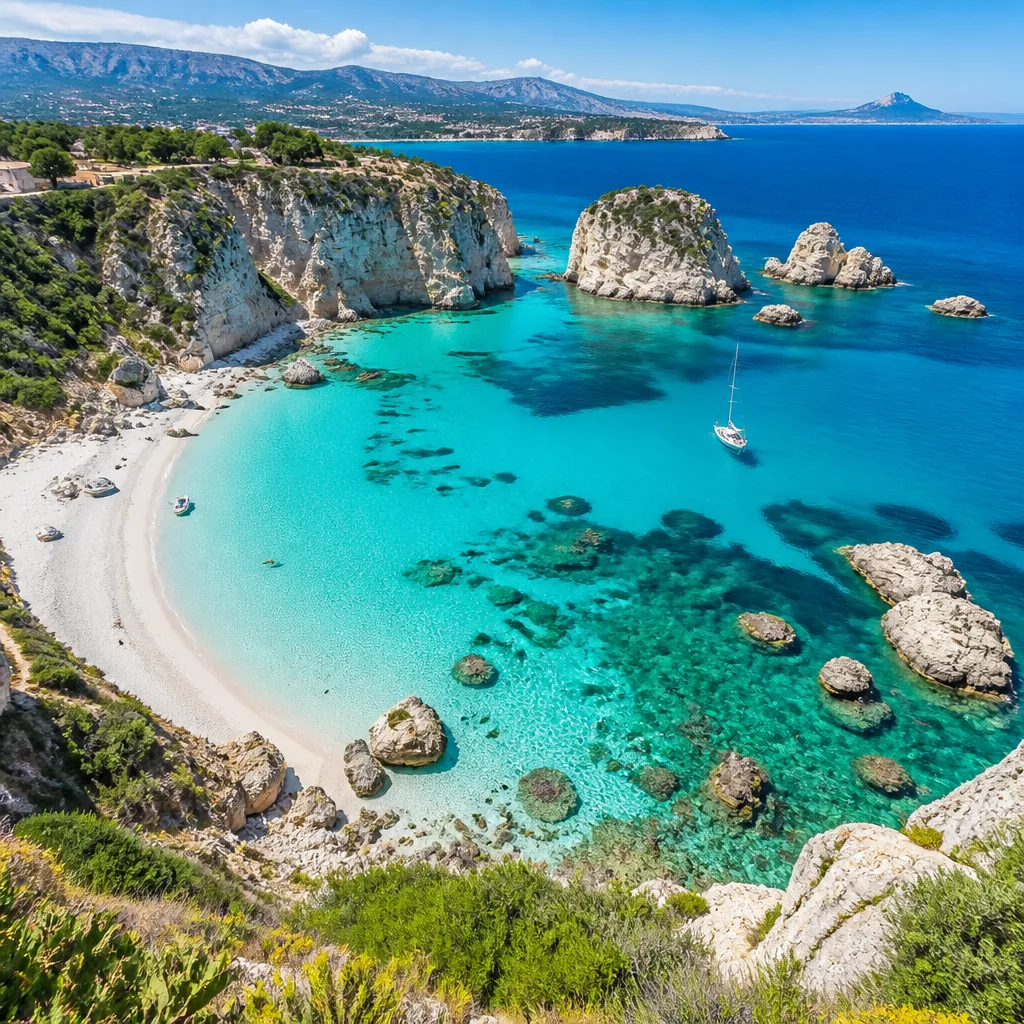 Türkisfarbene Bucht mit weißem Sandstrand und Felsklippen an der sizilianischen Küste