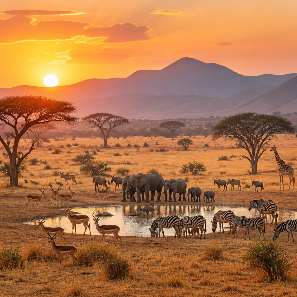 Savannenlandschaft in Südafrika mit Wasserstelle und Tieren zur Trockenzeit im Sonnenuntergang