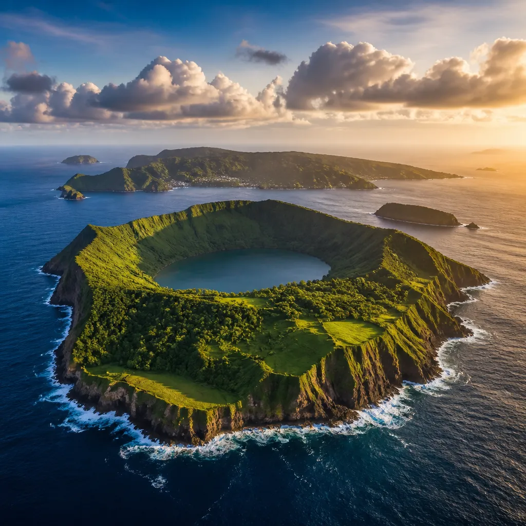 Grüne Vulkaninseln der Azoren mit Kraterseen und Atlantikküste bei Sonnenlicht