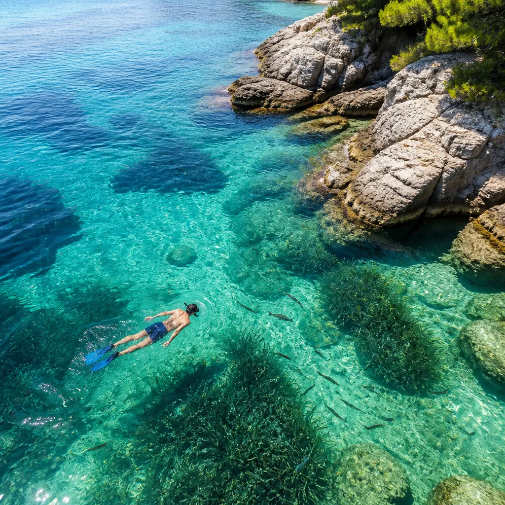 Schnorchler schwimmt im klaren türkisfarbenen Wasser der Adria nahe einer Felsküste in Kroatien