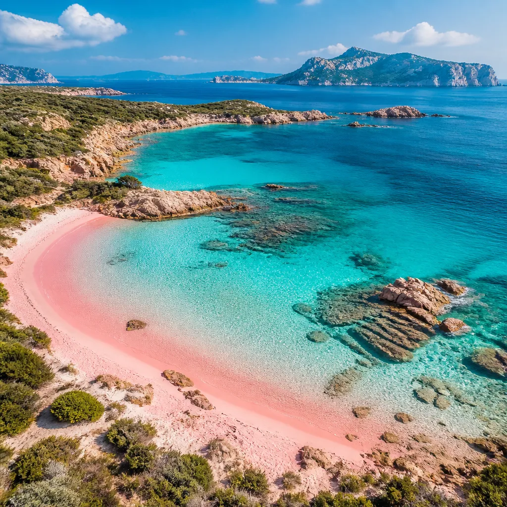 Türkise Lagune mit rosafarbenem Sandstrand und Blick auf die Küste Kretas